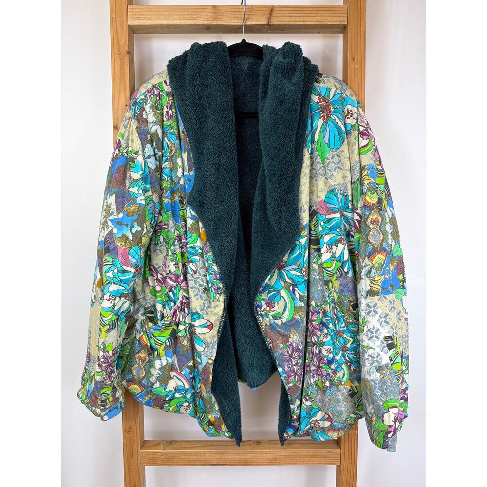 Johnny Was Reversible Fuzzy Floral Hooded Open Front Jacket Women’s XL Artwear - Picture 7 of 13